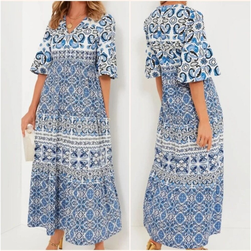 Tuckernuck Majolica Tile Ginger Maxi Dress Size XXL 2XL Flutter Sleeves Tiered